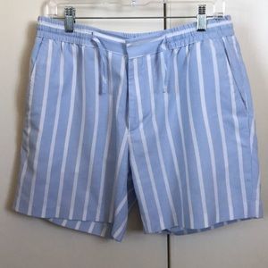 TOPMAN BLUE-AND-WHITE STRIPED SHORTS. SIZE 34.